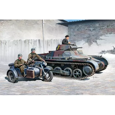 Academy Model plastikowy German Panzer I Ausf.B &amp; Motorcycle 1/35